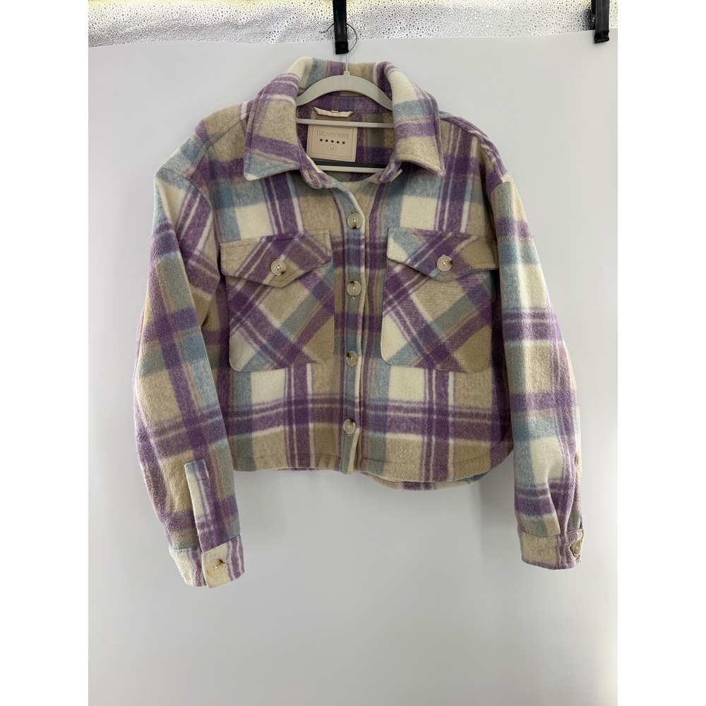 BLANKNYC Womens Cropped Plaid Shacket Jacket Purple Tan Blue Size M